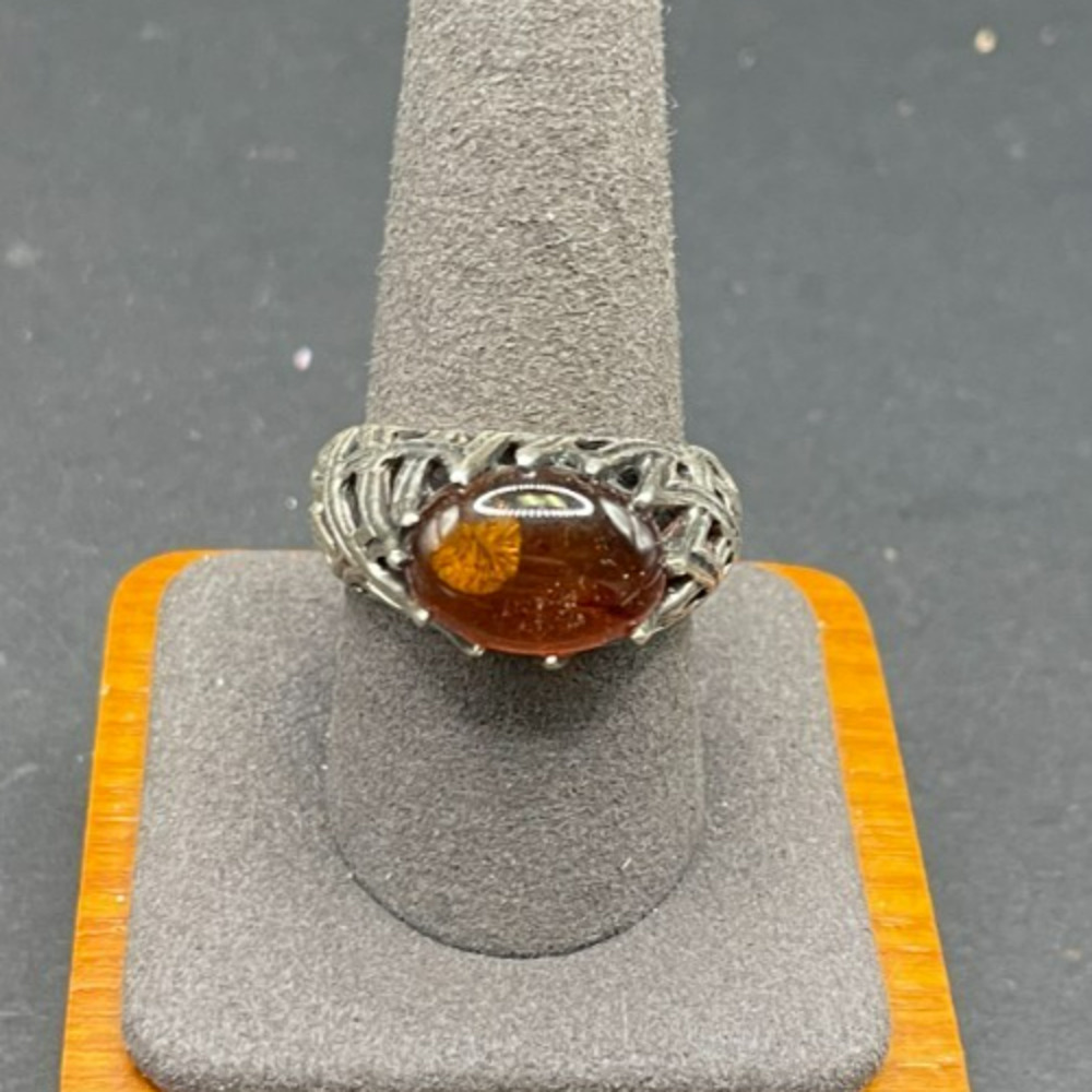 STS 925 Sterling Silver Cognac Amber Oval Cabochon Statement Ring Sz 10